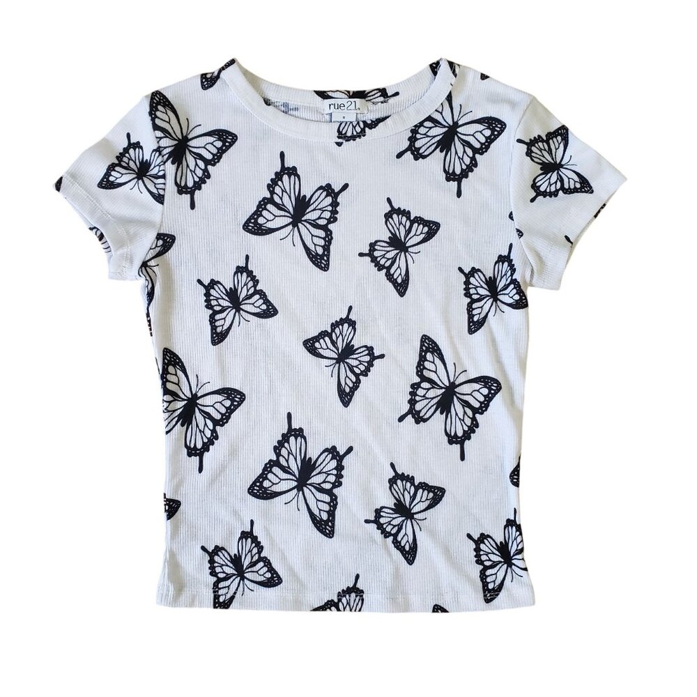 Rue21 Juniors White Black Butterfly Print Short‎ Sleeve Shirt Size S Y2K Fairy